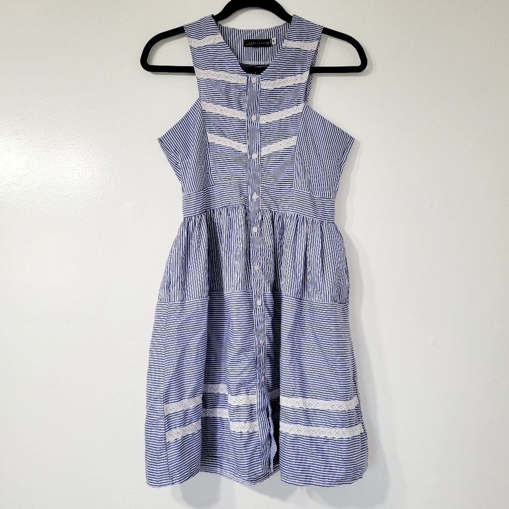 Zara Blue and White Pinstripe Sleeveless Midi Dress Size M